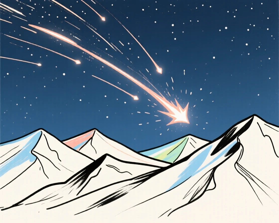 A meteor shower streaking across a clear night sky above mountains.