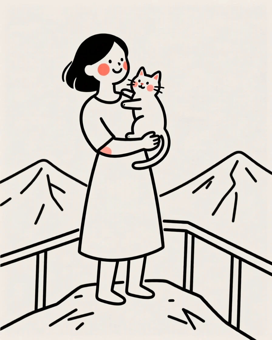 A mother with a playful kitten, grinning mischievously, on a mountaintop overlook.