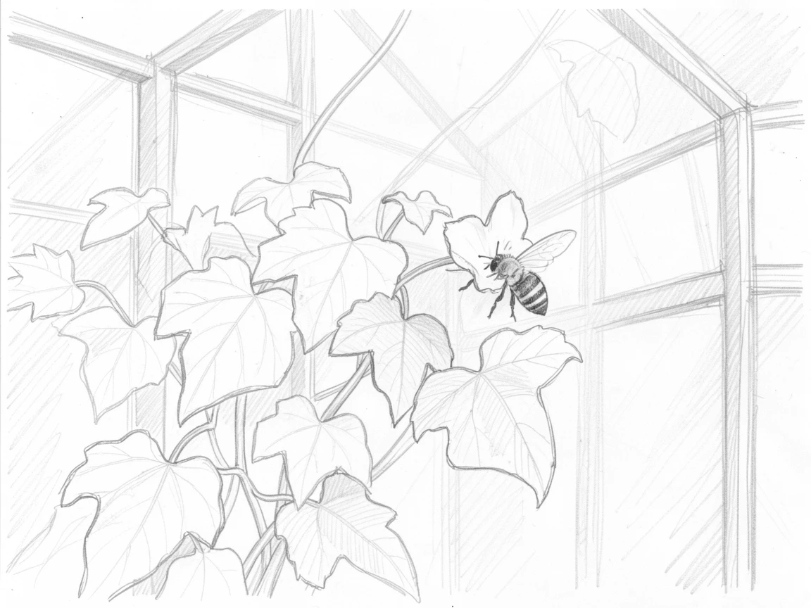 A trailing ivy plant in a greenhouse filled with soft light, with a bee gently landing on one bloom.