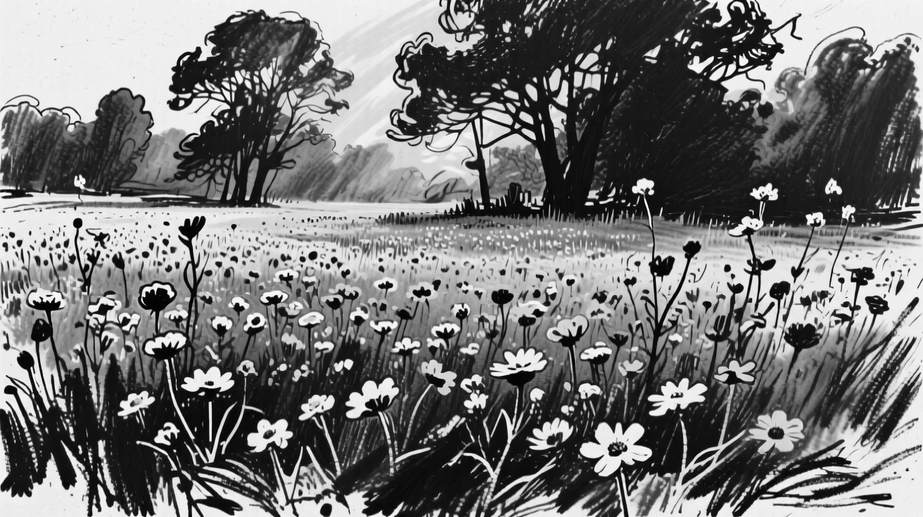 A field of wildflowers with golden light streaming through the trees.