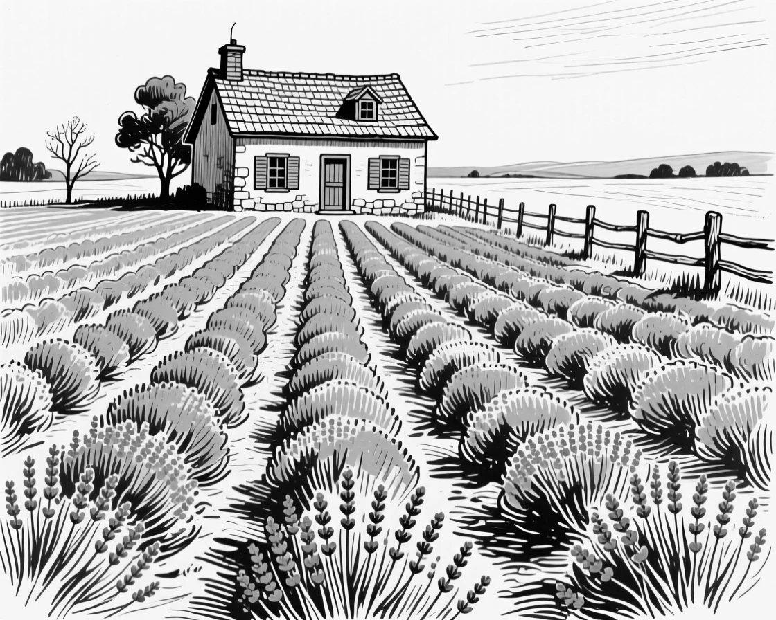 A field of lavender rows leading toward a distant farmhouse.