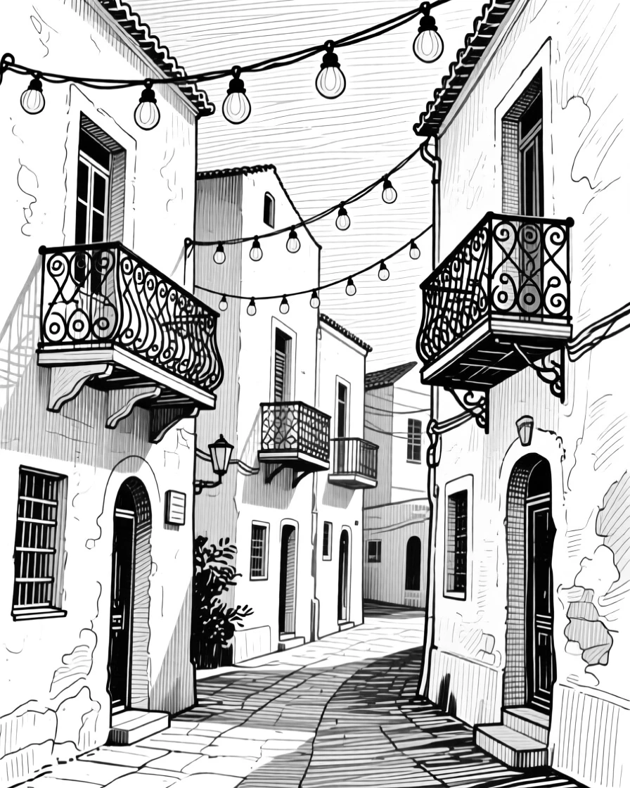 A greek village of whitewashed buildings beneath strings of hanging lights, featuring wrought-iron balconies overhead, rendered in a majestic and imposing architectural composition.