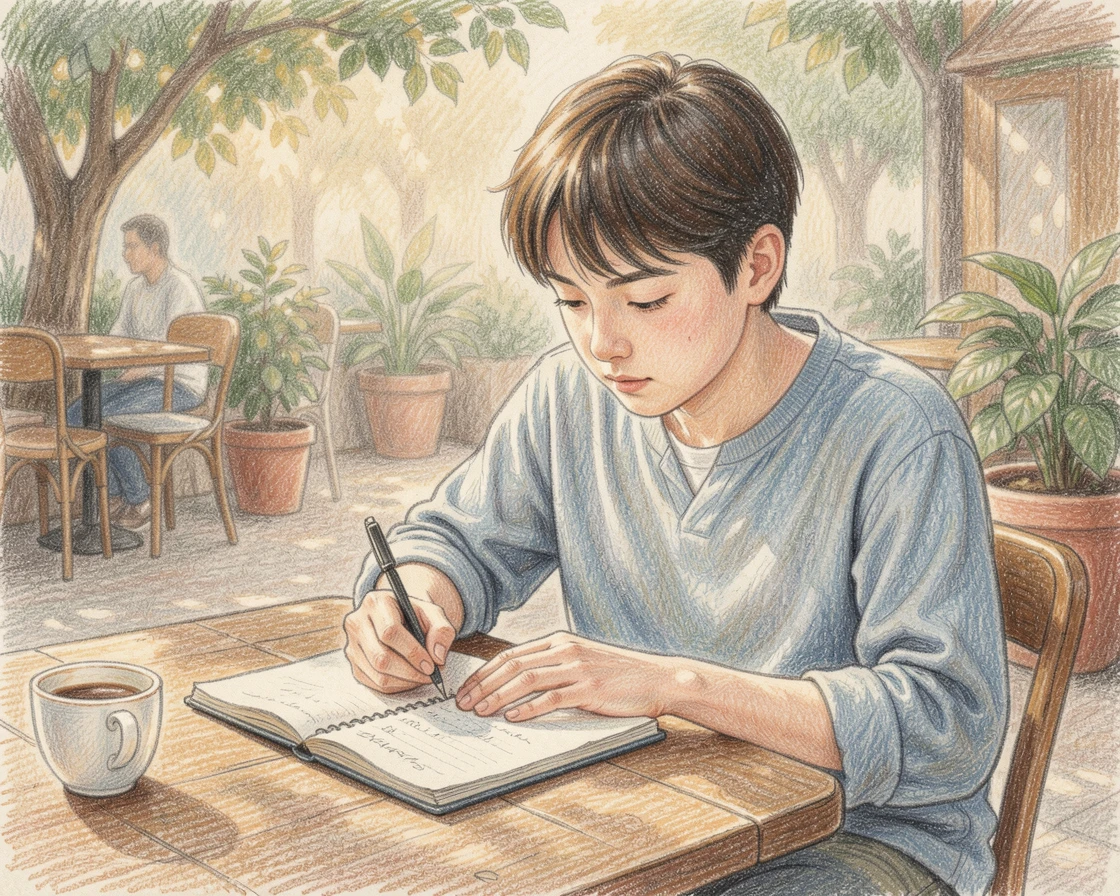 A young artist sketching in a notebook at an outdoor cafe, set against a softly blurred, atmospheric background, full of storytelling depth and quiet charm.