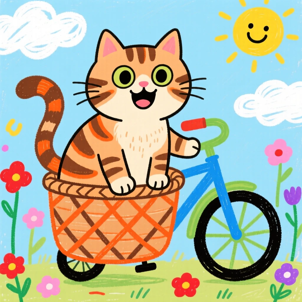 A playful tabby cat riding along in a bicycle basket.