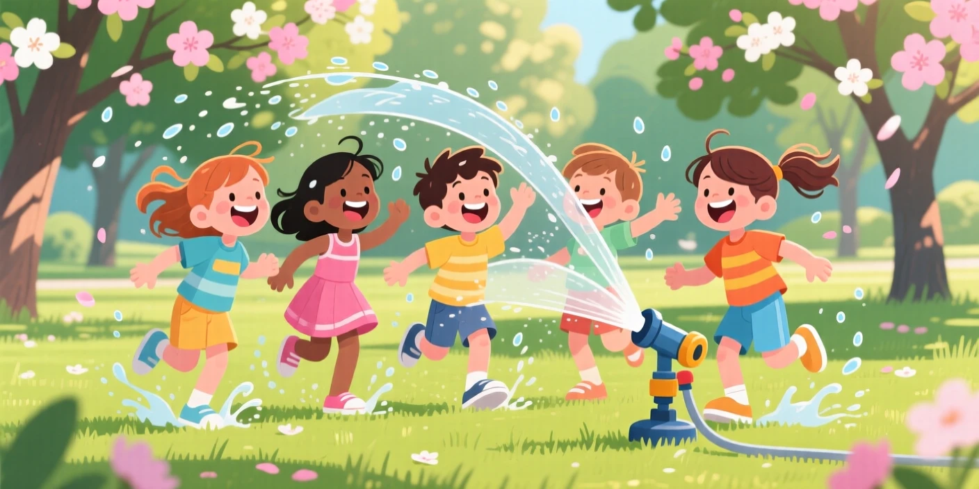 A group of children splashing playfully in a summer sprinkler, in a sunlit park filled with blooming trees, arranged with the subject slightly off-center for a natural feel, with small joyful details like flying hair or bright laughter.