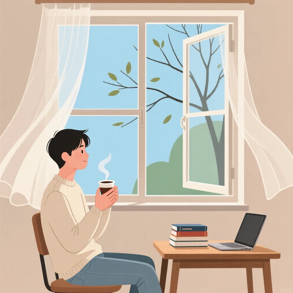 A university student enjoying a quiet cup of coffee by a window on a breezy morning.