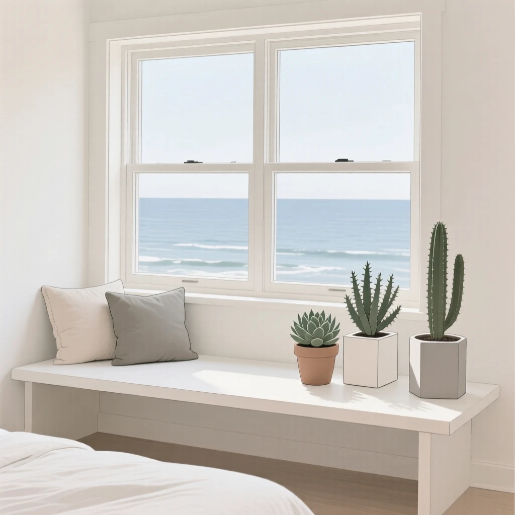 A tidy bedroom window seat arranged near potted succulents in a seaside home, expressing calm comfort.