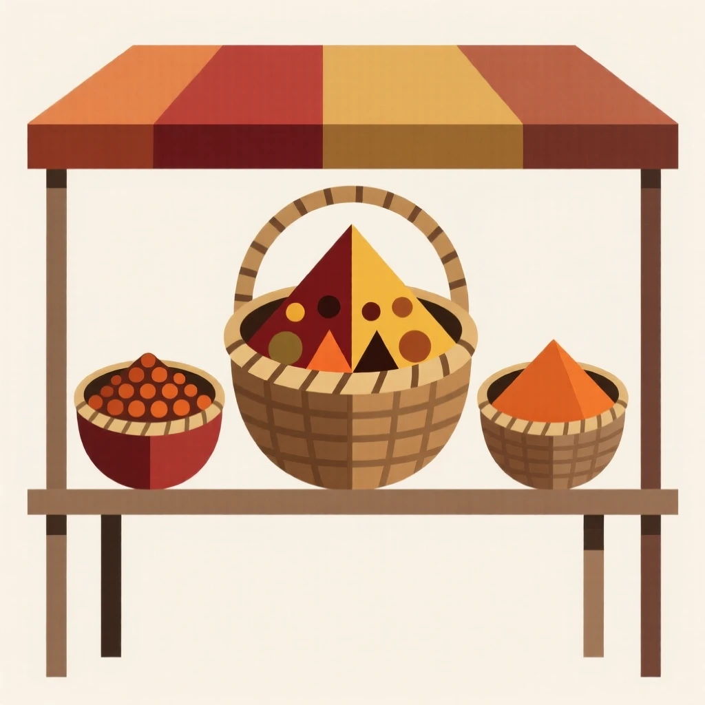 A traditional market with baskets of spices