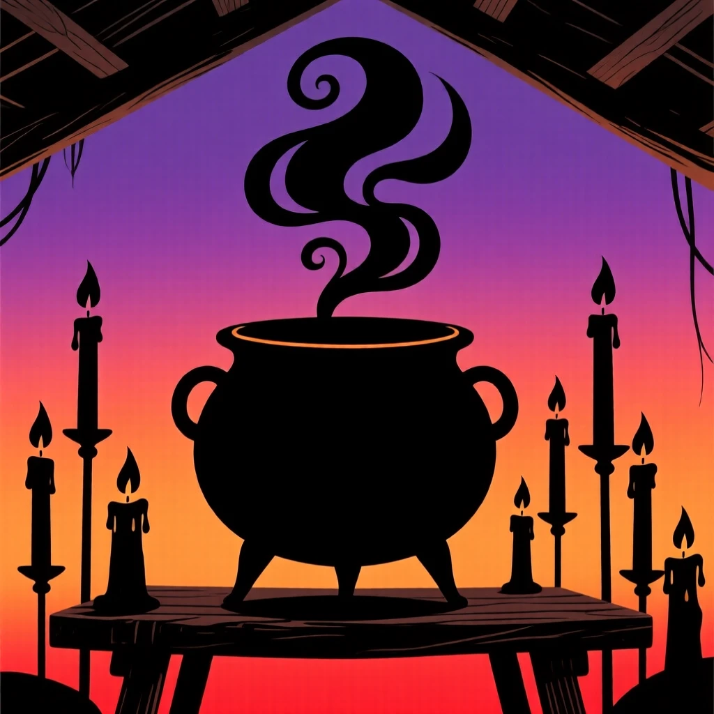 A witch's cauldron bubbling over with swirling magical smoke in a candlelit hut.