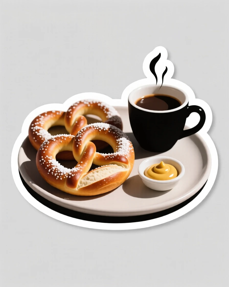 A freshly made plate of soft pretzels with mustard, topped with a dusting of powdered sugar, on a tray beside a cup of coffee.