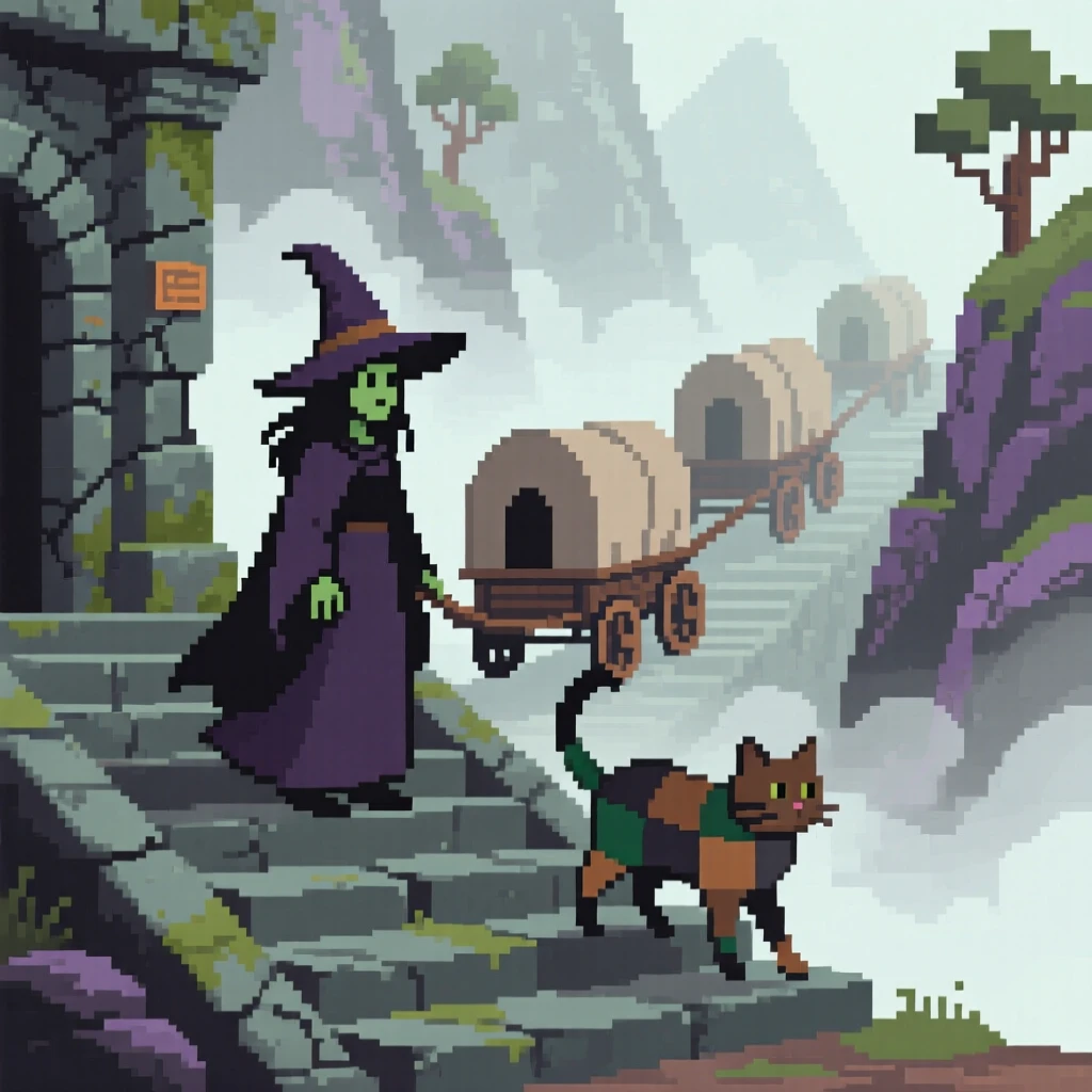A witch with a patchwork cat leading a caravan through a misty pass, on the steps of an old stone temple.