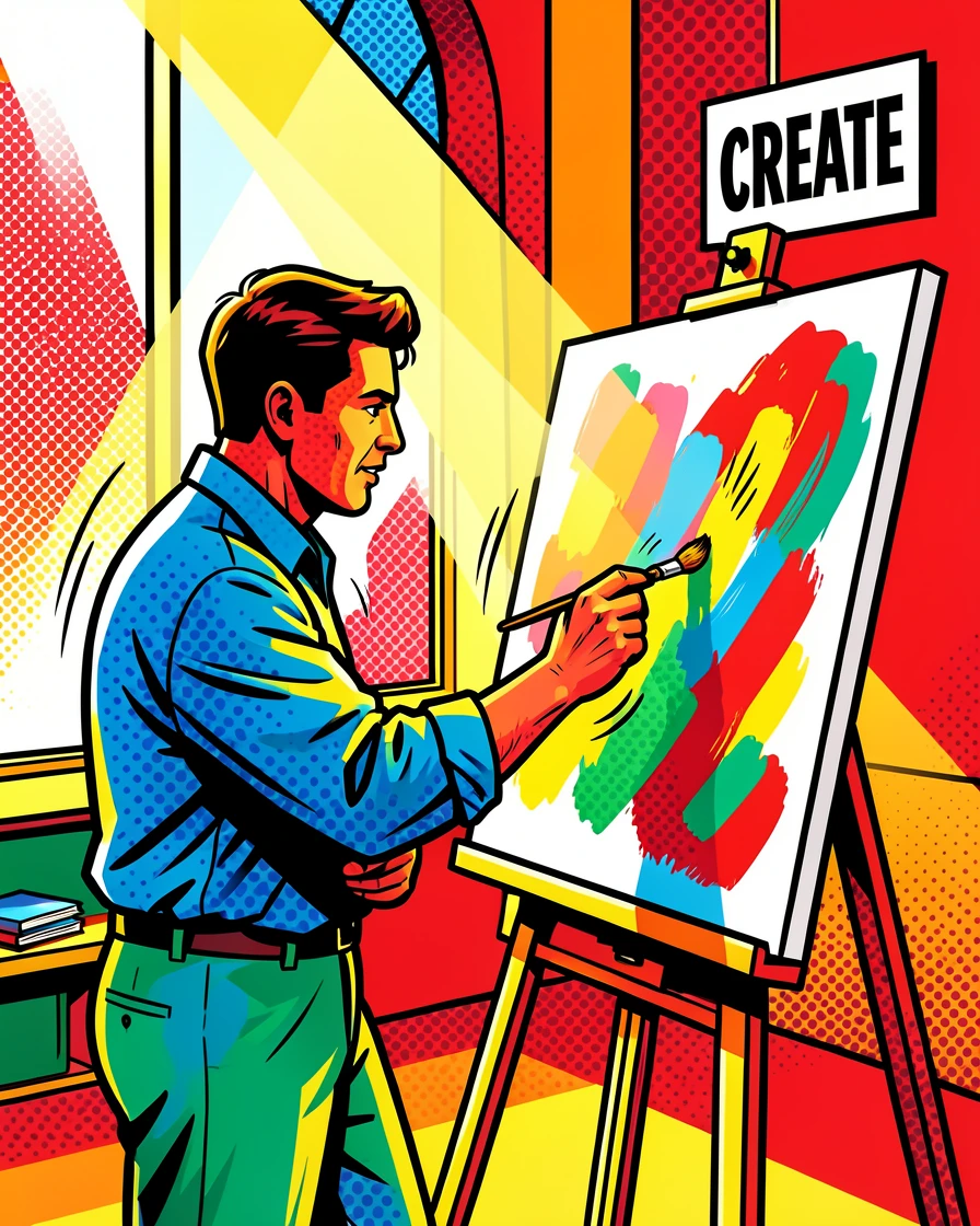 A painter working on a canvas in a sunlit studio