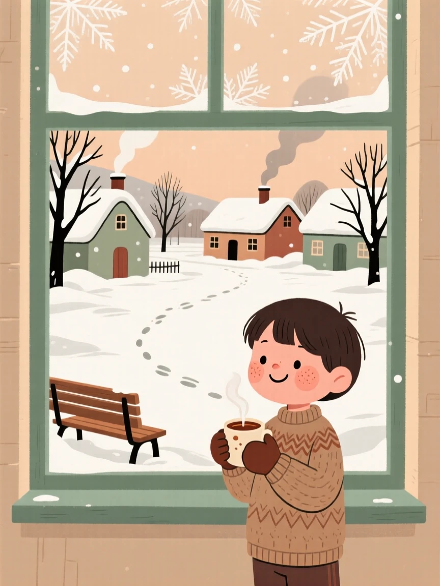 Snow blankets a quiet village square while a child watches from a frosted window, a mug of spiced cider warming their hands.