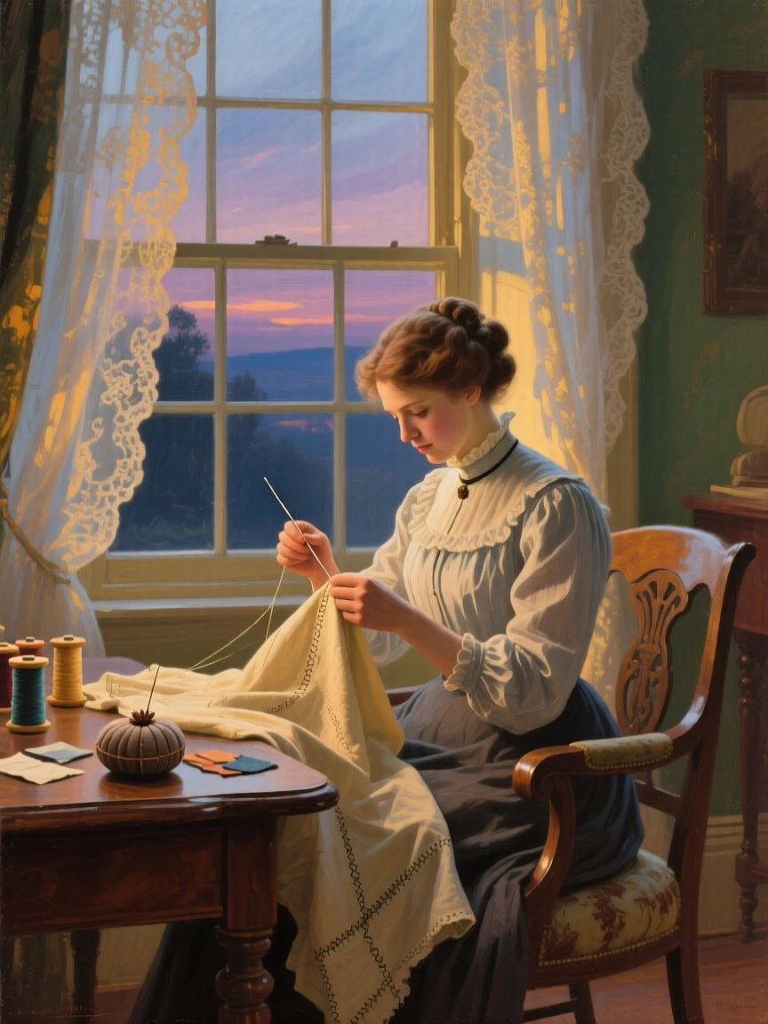 A balanced composition of a seamstress threading a needle by a sunlit window, at twilight, in the Edwardian era.