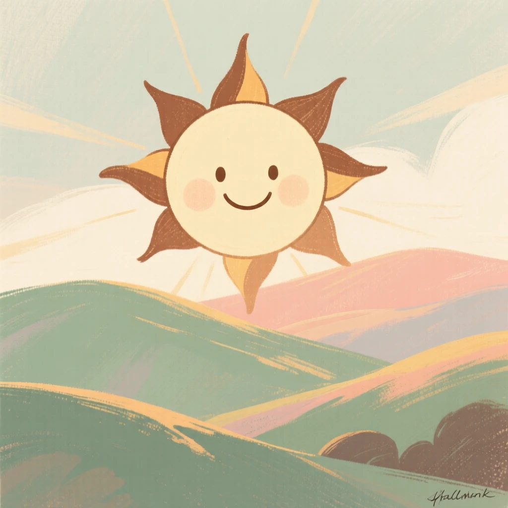 A vintage-style sun with a gentle smiling face rising over hills