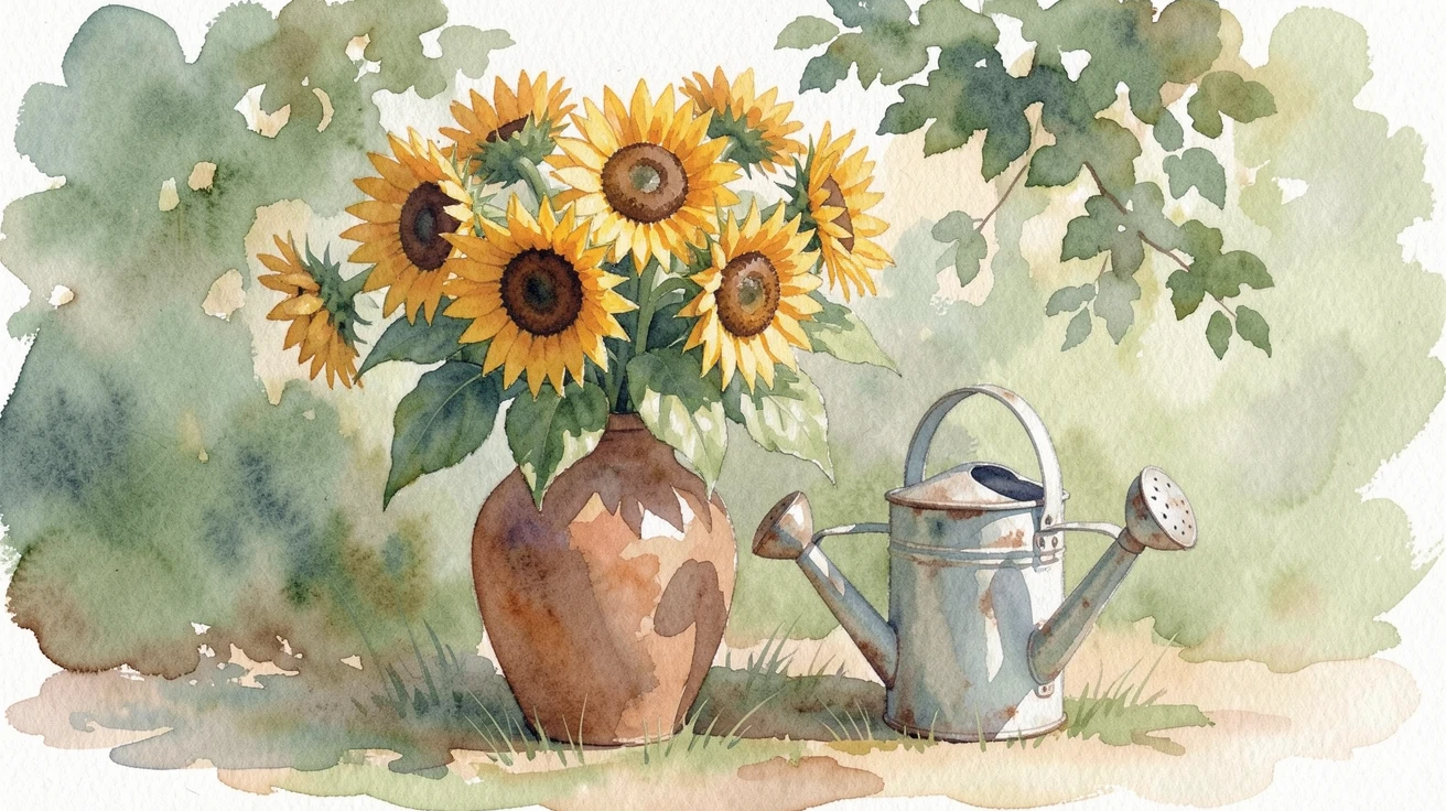 A vase of wild sunflowers in a quiet countryside garden next to an antique watering can.