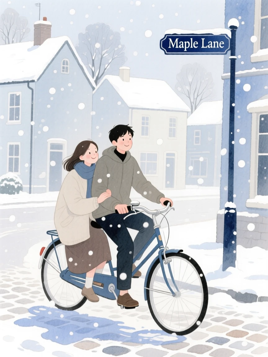 A tender moment of a shared bicycle ride through town, as snow falls softly around them, capturing quiet affection between two people