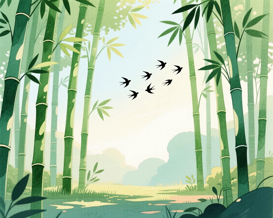 A quiet bamboo forest with light filtering through the stalks, with a flock of birds silhouetted against the sky, capturing the breathtaking beauty of untouched nature.