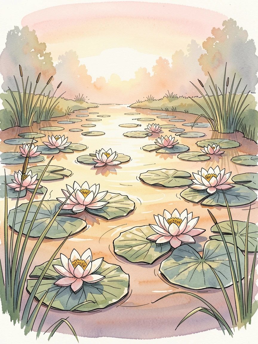 A quiet pond covered in floating water lilies at first light, golden light spilling across the landscape at the close of day.