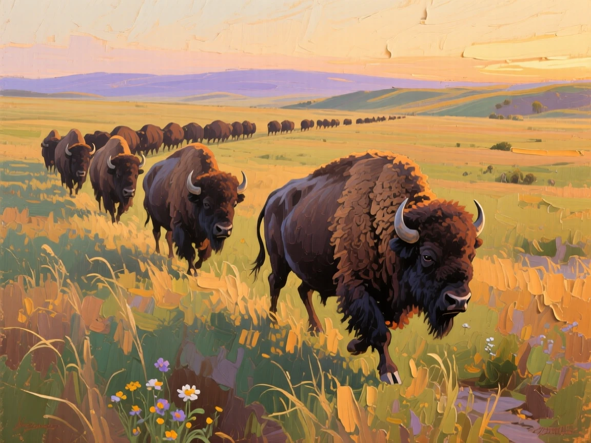 a herd of bison crossing a broad prairie, in quiet evening light, composed along a natural leading line.