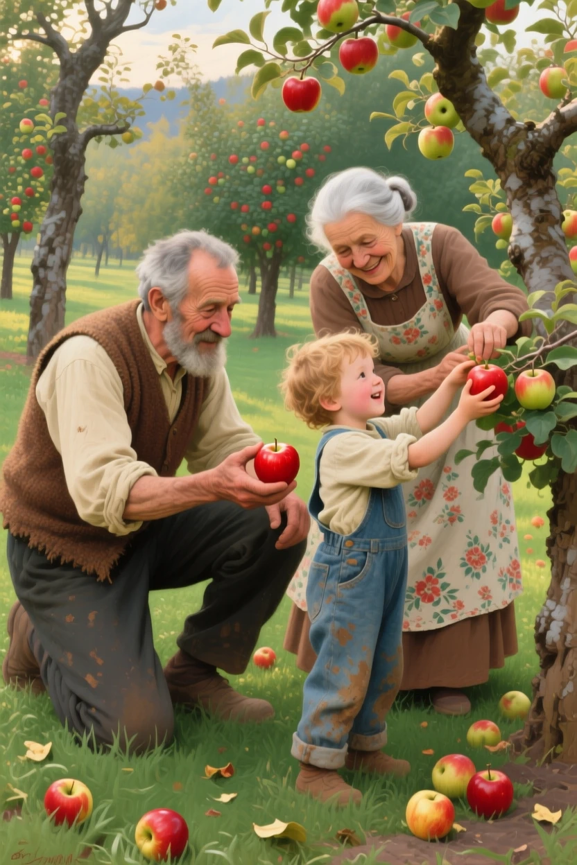 Grandparents and grandchildren picking apples together in an orchard, as laughter and genuine joy fill the entire scene, capturing an everyday moment that feels timeless and precious