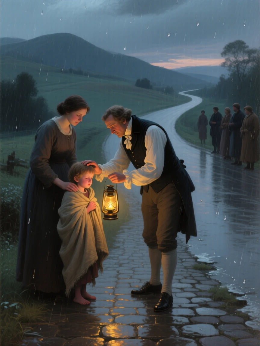 A physician tending to a feverish child through the night at the moment hope and fear collide, set on a rain-soaked road leading toward distant hills, with a lantern's glow illuminating the reunion; diagonal light spills across the reunited figures, isolating them from the crowd, overflowing with tenderness, relief, and quiet triumph.