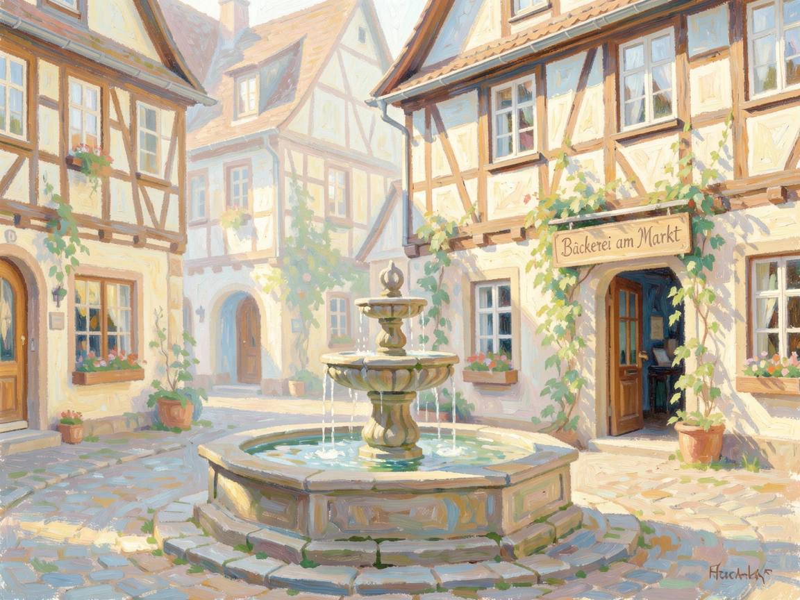 A charming half-timbered village square in Germany with a bubbling fountain at its center.