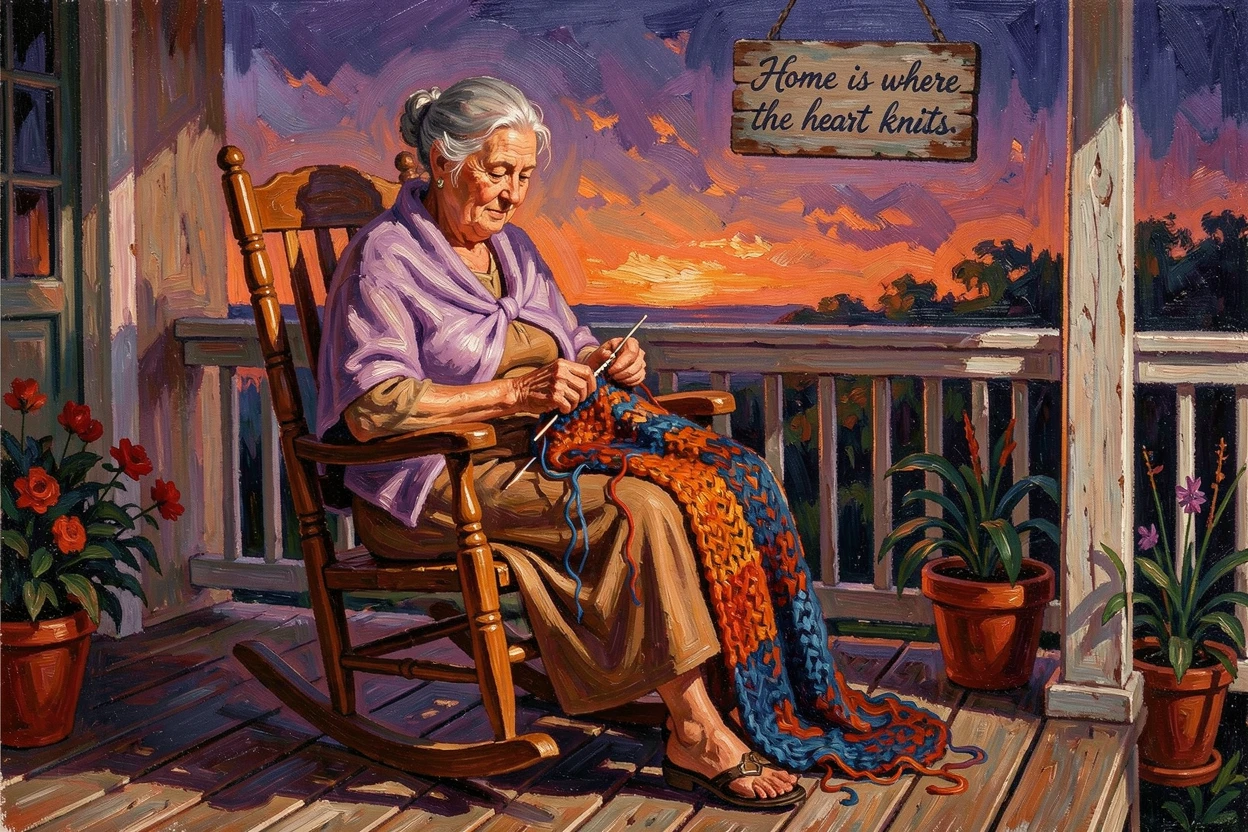 A grandmother rocking gently in her chair, knitting needles clicking as evening falls.