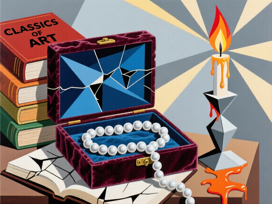 An elegant still life featuring a string of pearls in a velvet box beside a stack of old books and a flickering candle.