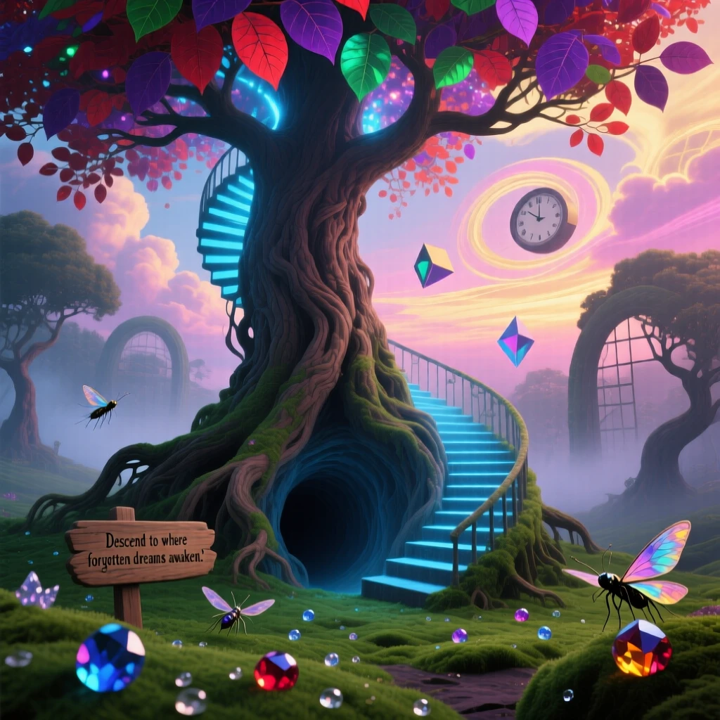 A tree whose roots form a staircase leading underground thrives quietly in a place untouched by time, while morning dew clings like small scattered jewels.