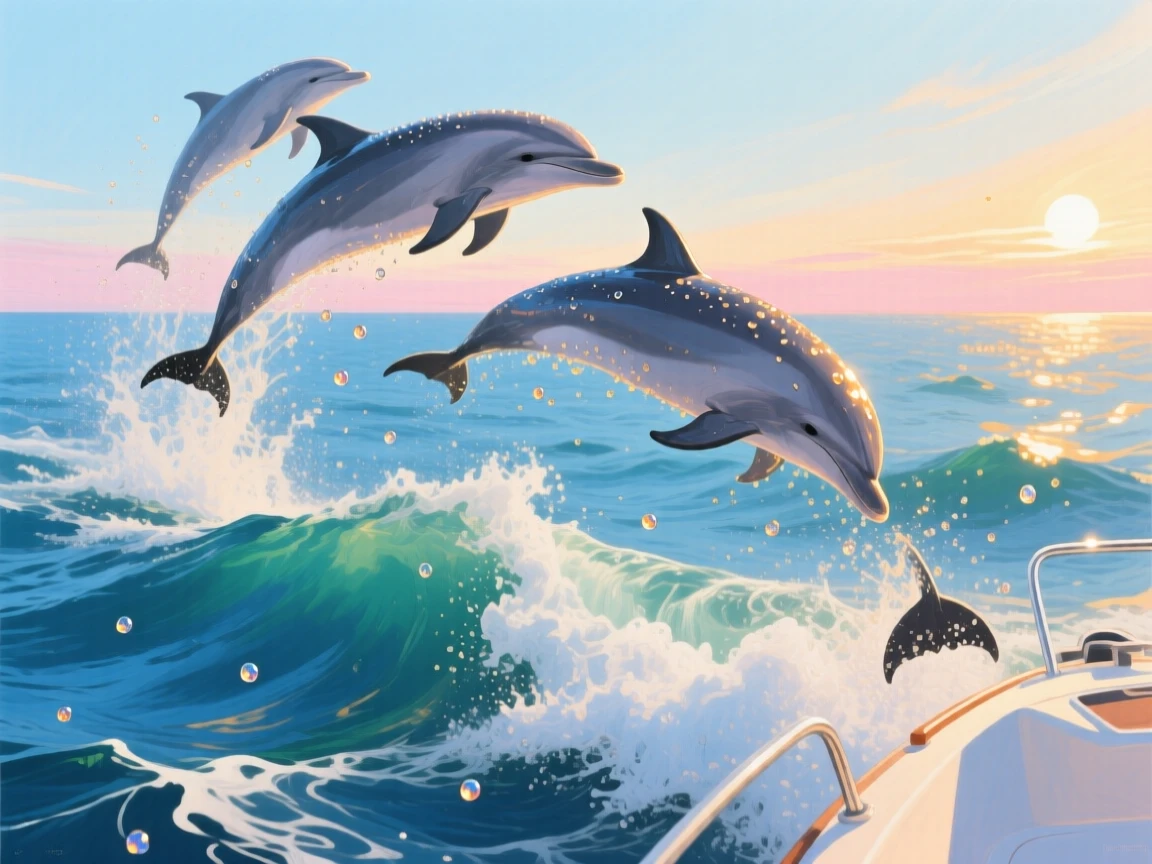 A pod of dolphins leaps playfully through the wake of a boat in the open ocean, water droplets catching the afternoon sun as they arc gracefully above the waves, the scene suggesting a fleeting, candid moment rather than a posed encounter.
