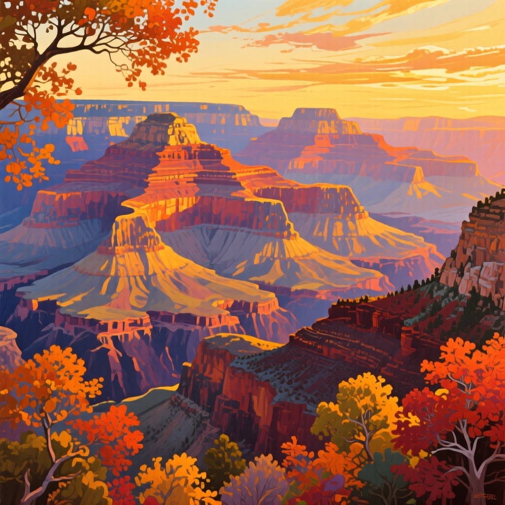 The Grand Canyon's layered cliffs glowing in warm light, bathed in golden sunset light, vivid autumn color framing the scene