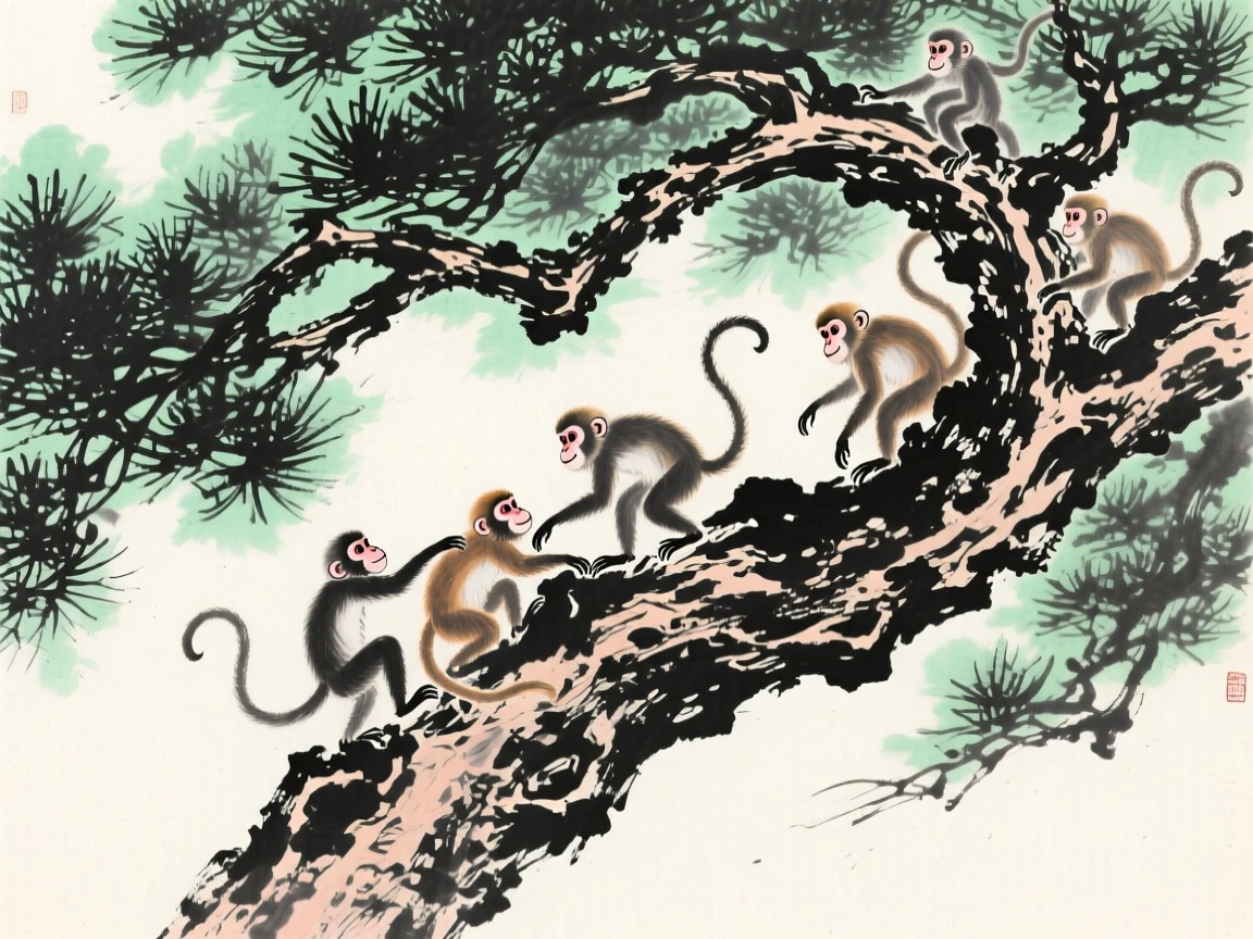A troop of monkeys climbs among the branches of a gnarled pine, beneath a canopy of dense green leaves.