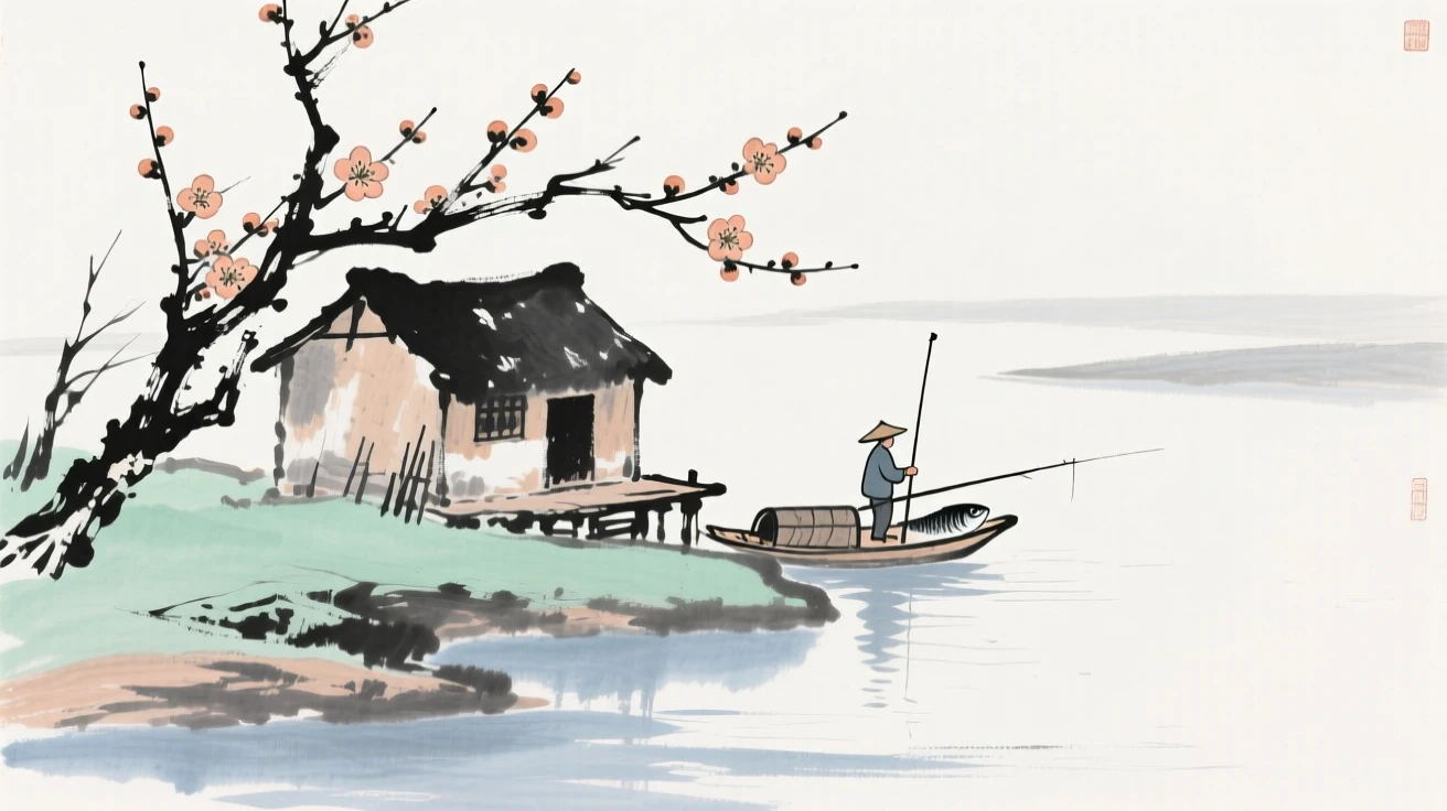 A solitary fisherman's hut perched at the edge of a quiet bay, as the last plum blossoms cling to bare branches.