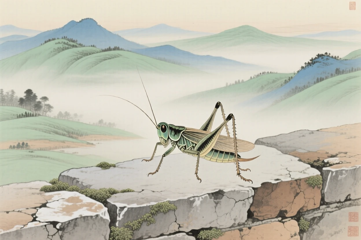 A cricket perched on a low stone wall overlooking a valley