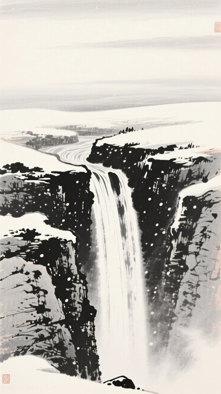 A tall waterfall cascading down layered granite rock under a pale winter sky heavy with unfallen snow, composed with wide open space above to emphasize the scale of the sky, carrying a feeling of timeless peace and stillness.