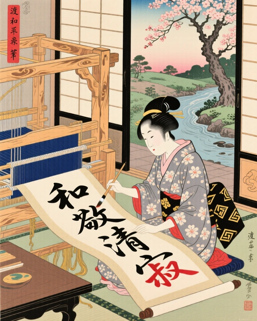 A weaver at a wooden loom brushing elegant characters onto a long scroll.