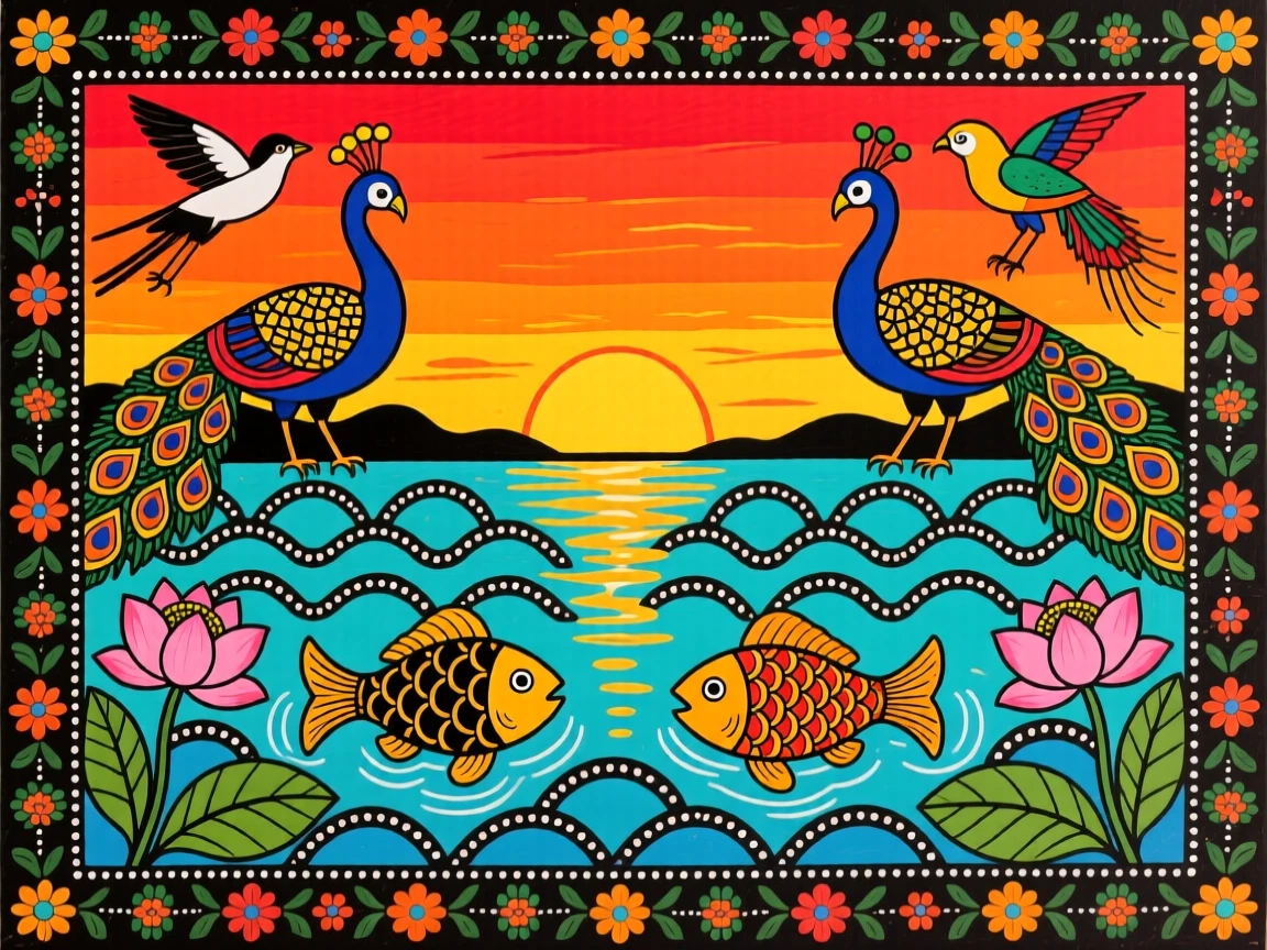 A sunset painting the sky in shades of orange over a rippling lake.