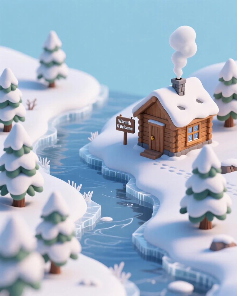 A quiet snow-covered valley with a frozen river winding through, pine trees laden with snow, and smoke rising from a distant cabin.