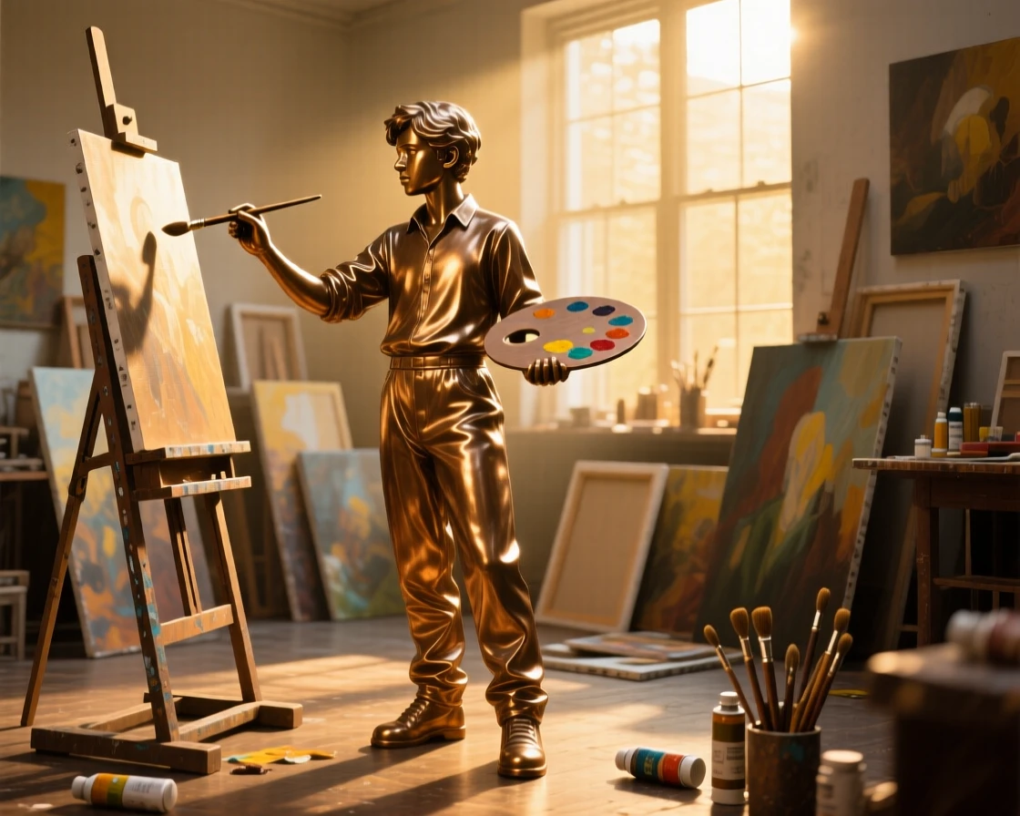 A young painter surrounded by canvases in a sunlit studio, bathed in warm, golden light, forming a strong central focal point