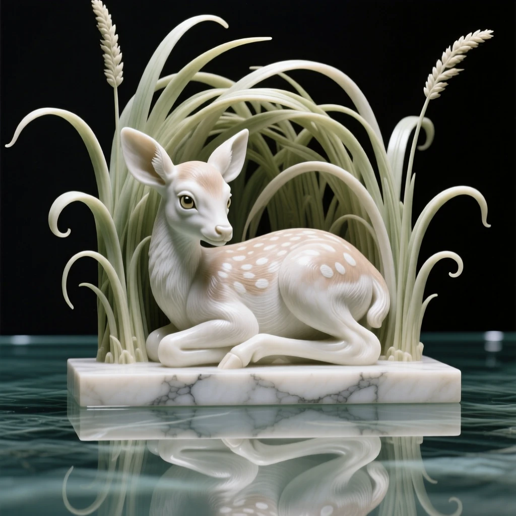 A striking close-up of a fawn nestled in tall grass, full of life and grace, reflected in still, glassy water