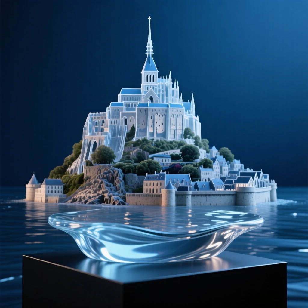 Mont Saint-Michel at high tide at blue hour with soft ambient lighting beginning to glow, reflections shimmering nearby, evoking timeless elegance.