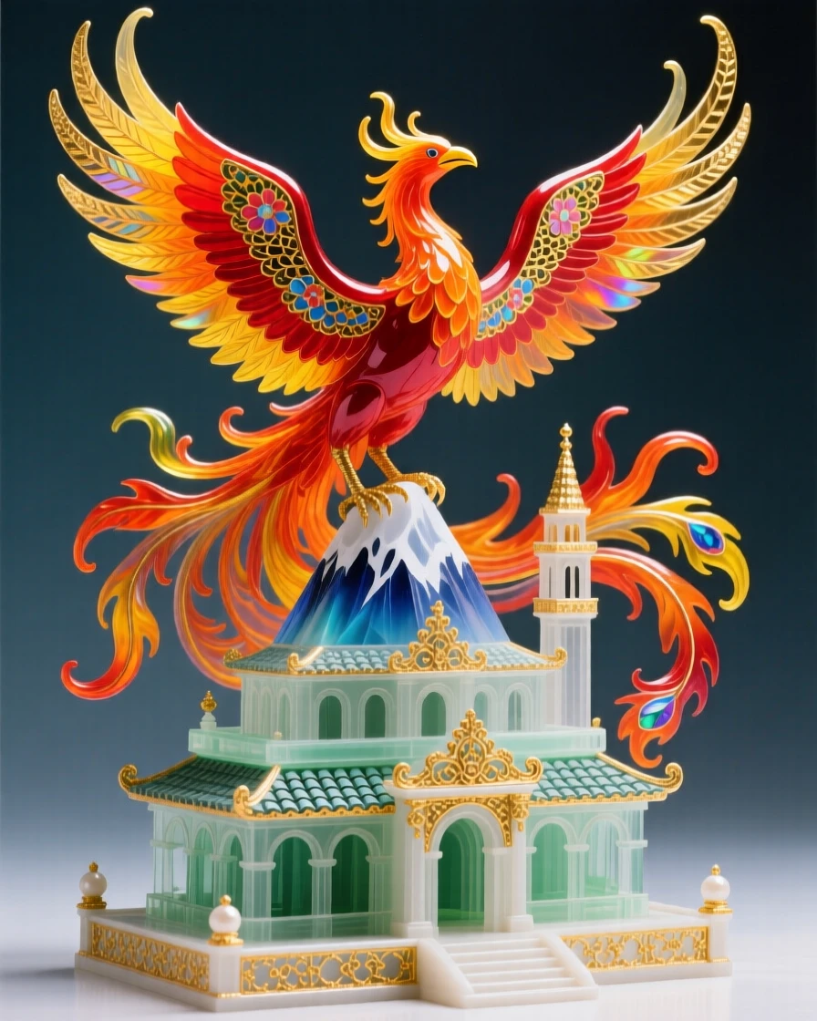 A phoenix spreading wings of fire above a sacred mountain temple, transcendent and radiant.