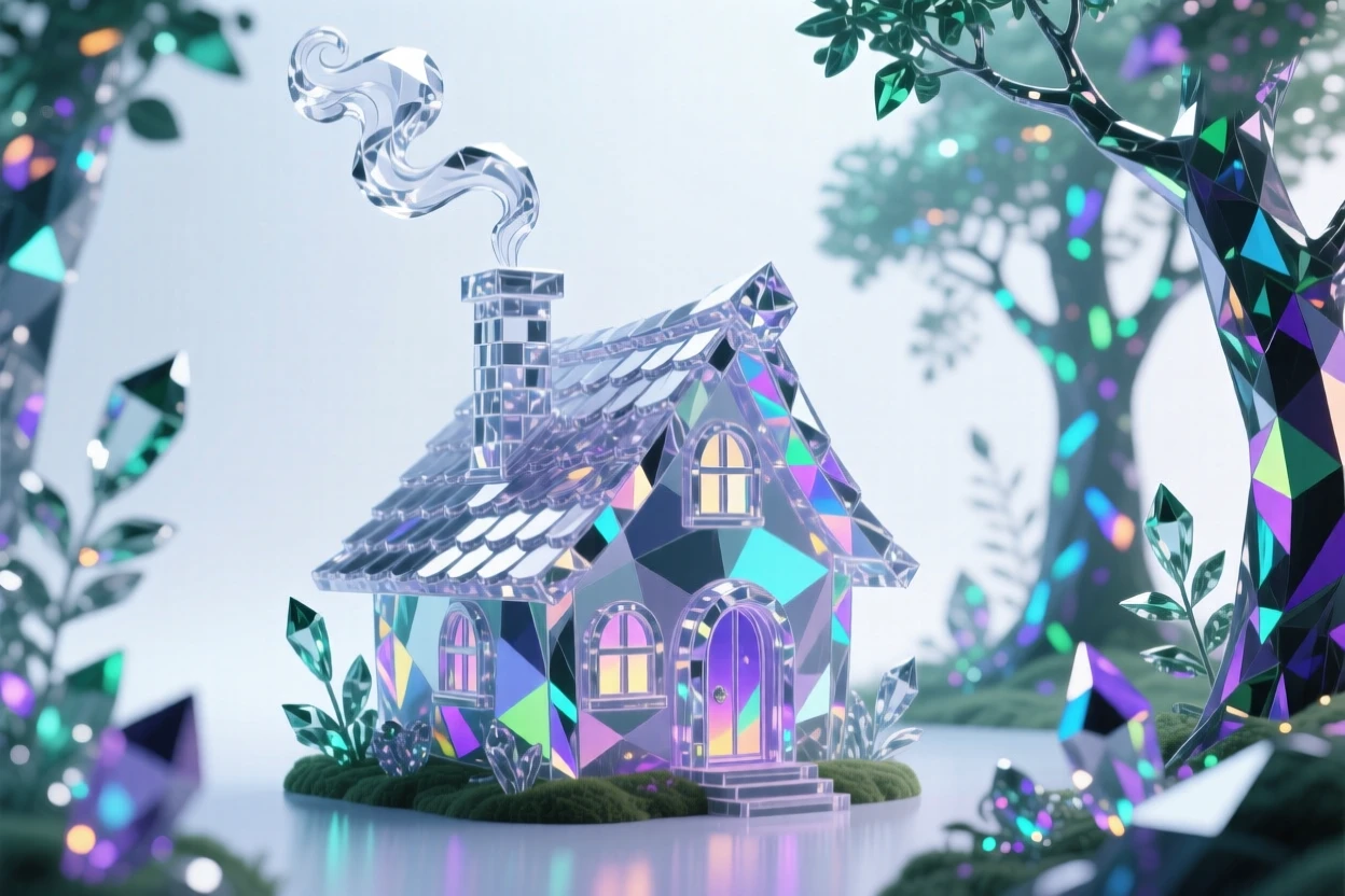 A witch's cottage nestled deep in a glowing enchanted forest, smoke curling from its chimney.