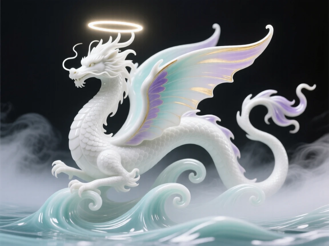 A majestic fairy dragon emerging from a swirling sea mist, radiant light haloing its form.