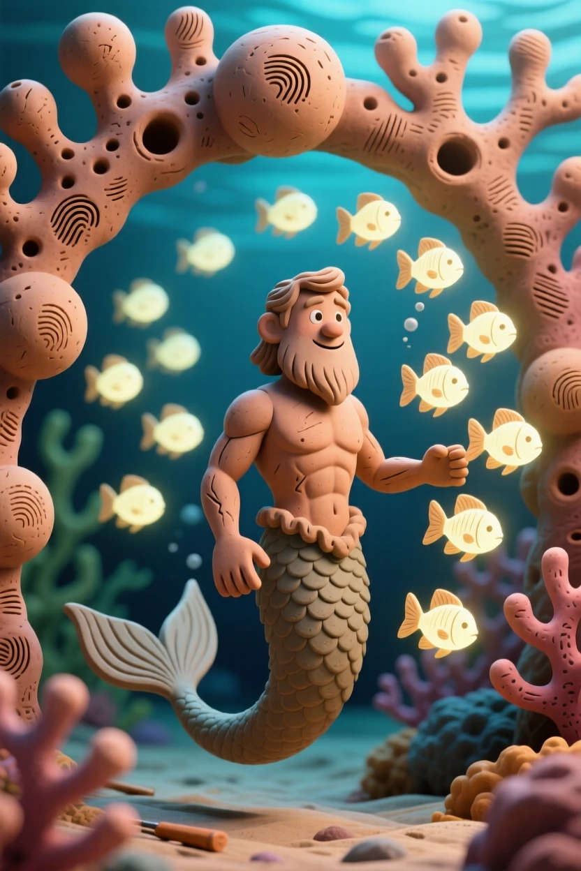 A merman guiding a school of glowing fish through a coral archway