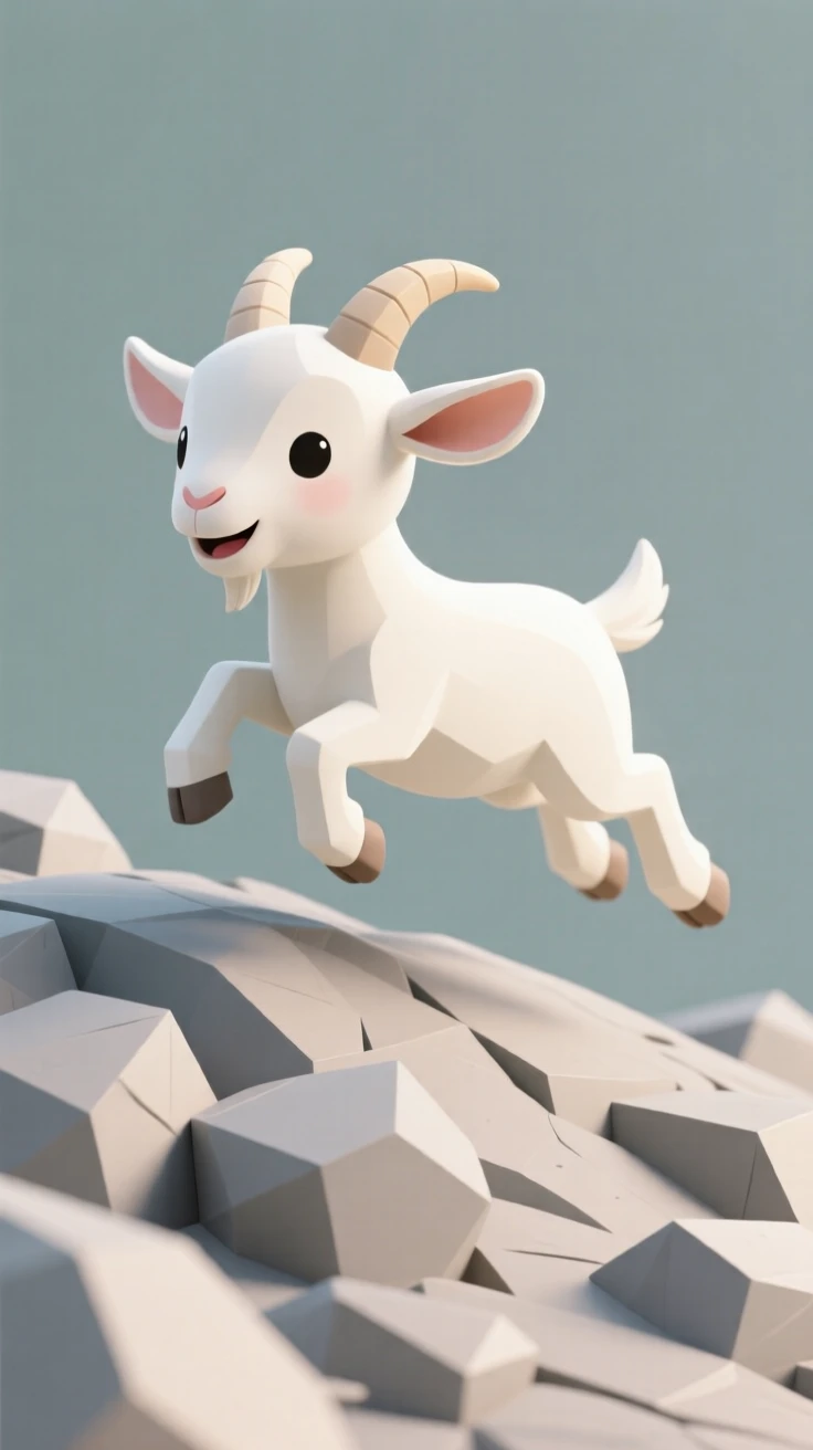 A playful baby goat hops sideways across a rocky hillside, ears flapping with each joyful bounce.