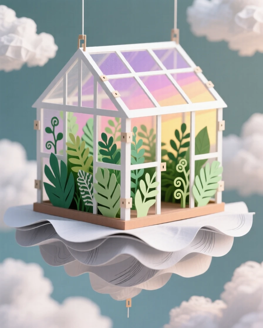A floating greenhouse suspended among the clouds, glass panels reflecting a pastel sunset while plants grow lush inside, evoking imaginative serenity.