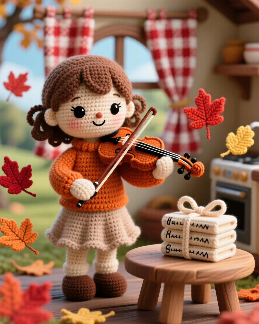 A charming scene of a little girl violinist performing outdoors with autumn leaves swirling around her, playing a gentle melody in a park inside a cozy cottage kitchen with checkered curtains; a stack of handwritten letters tied with ribbon adds to the moment, full of gentle pride in a job done with care.