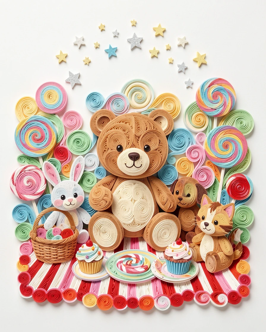 a teddy bear having a picnic with other stuffed animal friends, in a candy-colored dreamland, composed with playful, bouncy rounded shapes throughout, with a sprinkle of twinkling stars overhead.